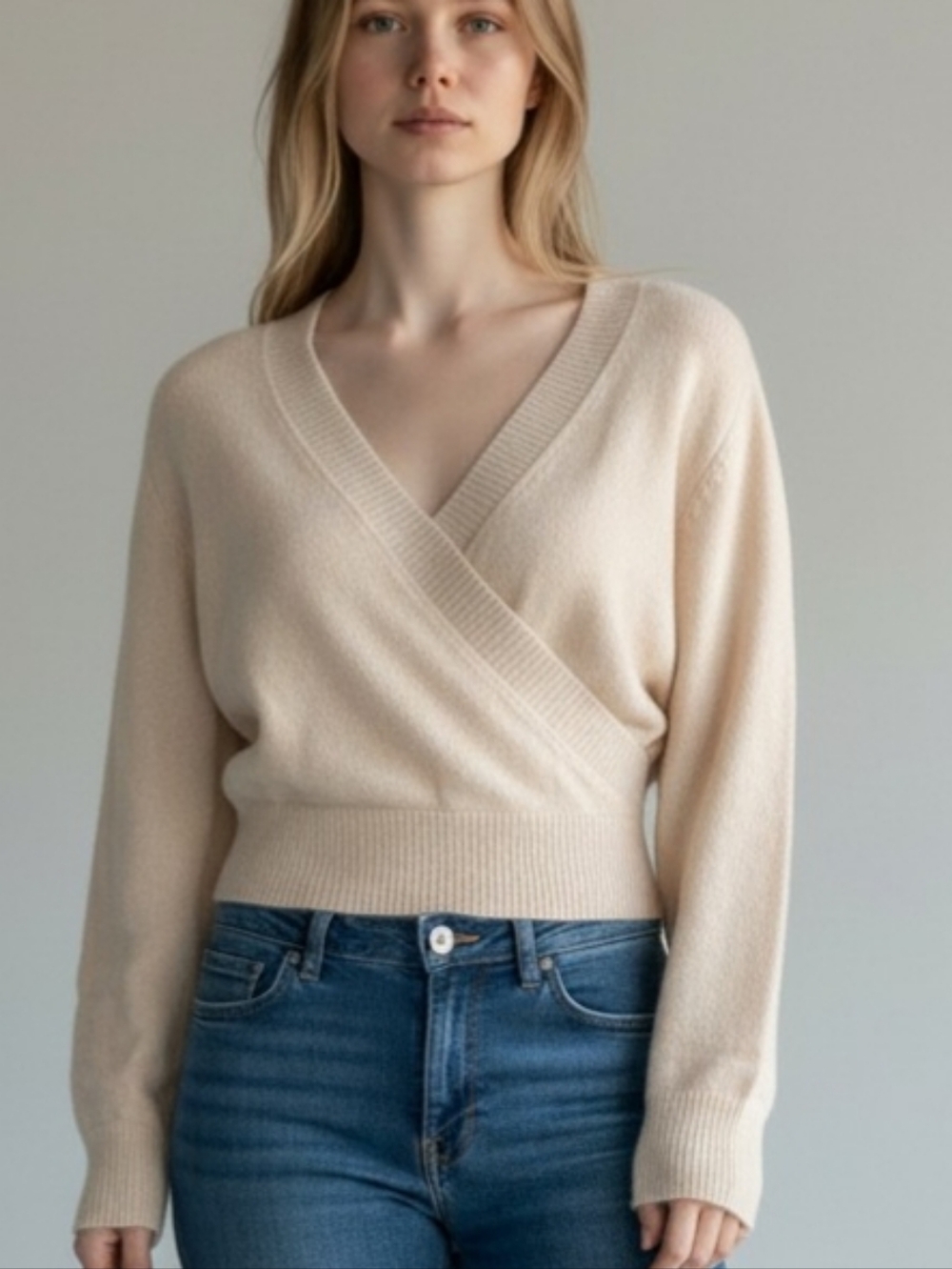 Cotton Candy LA Cream Beige V-Neck Faux Wrap Sweater Small Medium